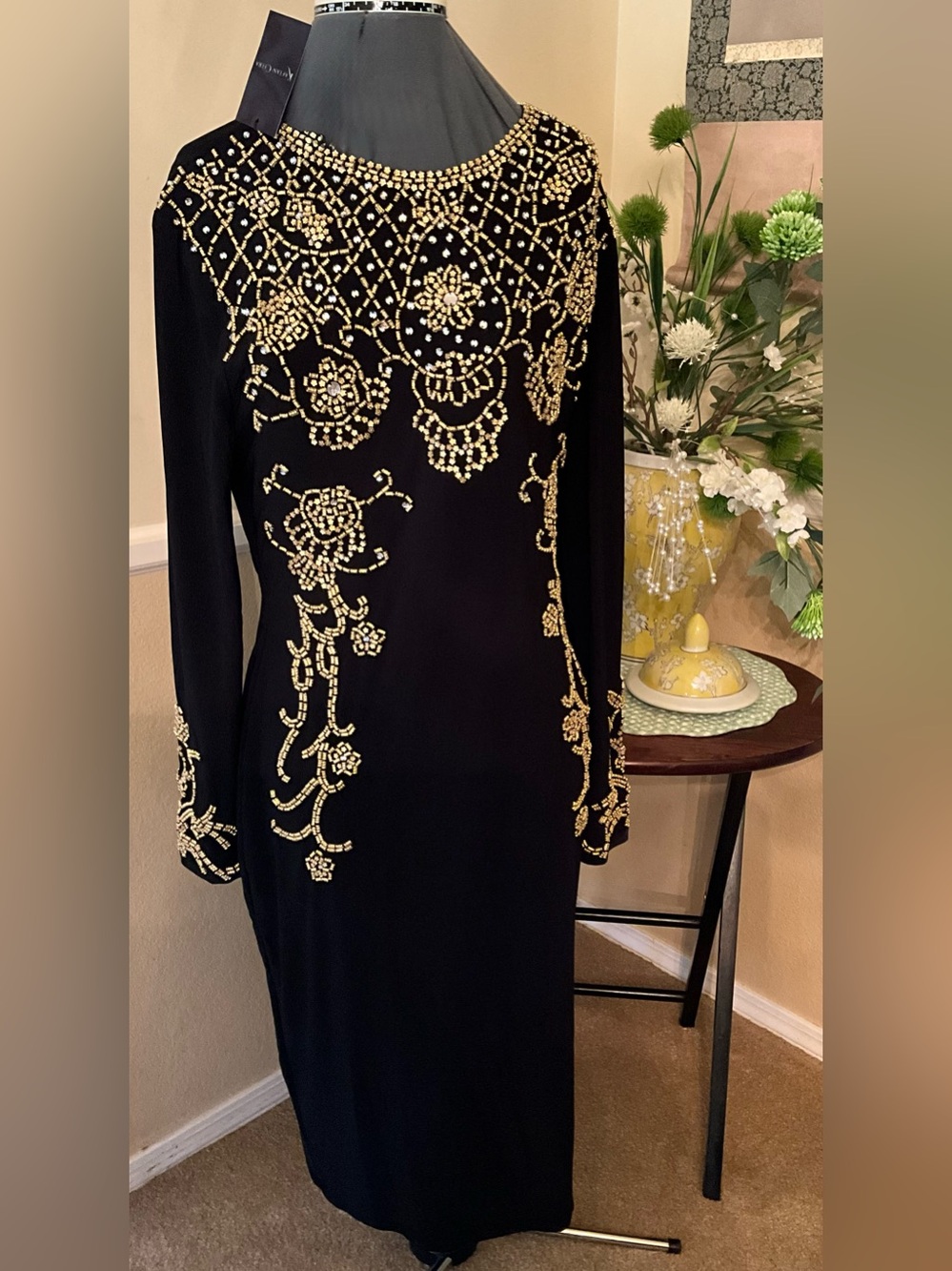 Black Long-Sleeve Evening Gown with Gold Bead Embellishment